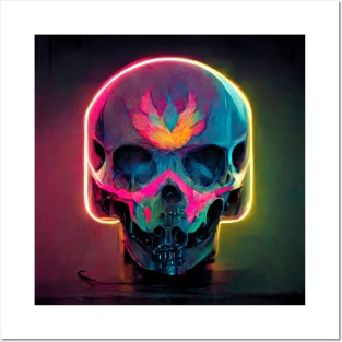 Neon skull glows in pink, blue and yellow. Posters and Art